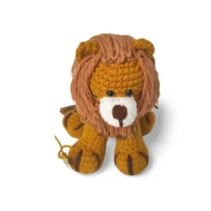 A handmade crochet lion plush with a brown mane made from high-quality milk cotton yarn, sitting on a neutral background.