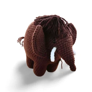 A handcrafted luxury crochet dark brown mammoth with intricate detailing and high-quality yarn, standing against a simple background.